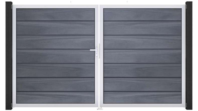 planeo Gardence Deluxe - Portail BPC - À deux vantaux, gris pierre, co-extrudé avec cadre en aluminium