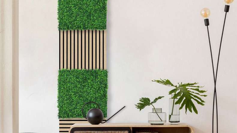 planeo Panneau acoustique - MixWall Leaf Mood Mixed Green Design Grass 52 x 52 cm | Plante artificielle (PLMW-00121A)