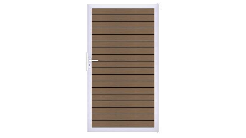 planeo Gardence Trendy - Porte universelle en BPC rhombique - teck co-extrudé avec cadre en aluminium argenté | EV1