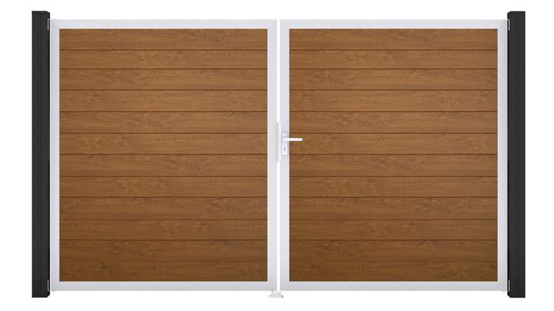planeo Gardence Simply Small - Portail en PVC à deux vantaux, couleur Golden Oak, avec cadre en aluminium, 300 x 180 cm