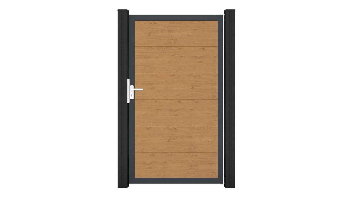 planeo Gardence Simply - Portail universel en PVC « chêne noueux naturel » avec cadre en aluminium, 100 x 180 cm