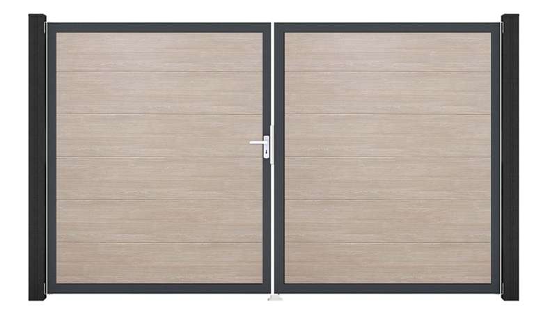 planeo Gardence Simply - Portail en PVC à deux vantaux, modèle Sheffield Oak, avec cadre en aluminium
