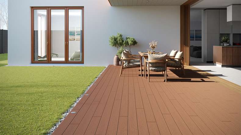 planeo LineWood Lame de terrasse WPC massif - brun clair 3.60m rainuré/cannelé