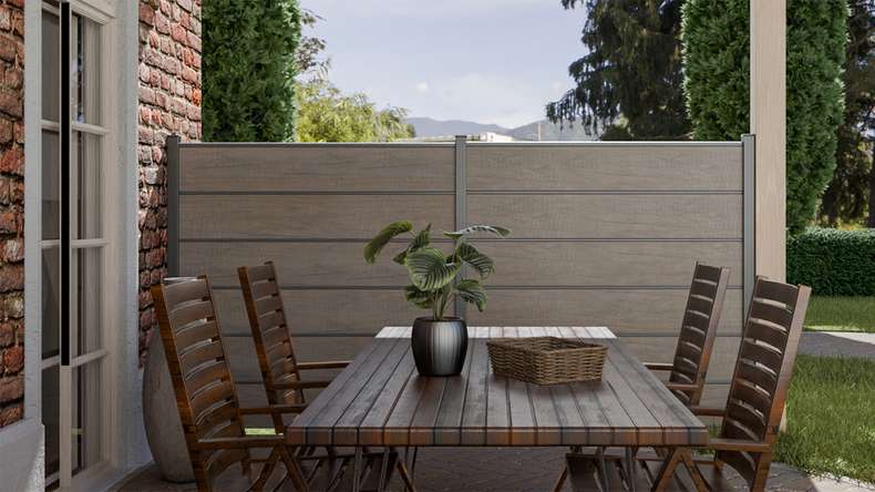 planeo Gardence Simply Premium - Clôture à emboîter en PVC Monument Oak avec pilastres en anthracite 180 x 180 cm