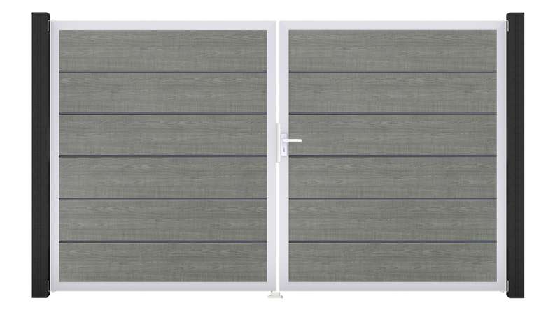 planeo Gardence Simply Premium - Porte en PVC - DIN droite 2 vantaux Grey Ash Cut avec cadre en aluminium argenté | EV1 300 x 180 cm