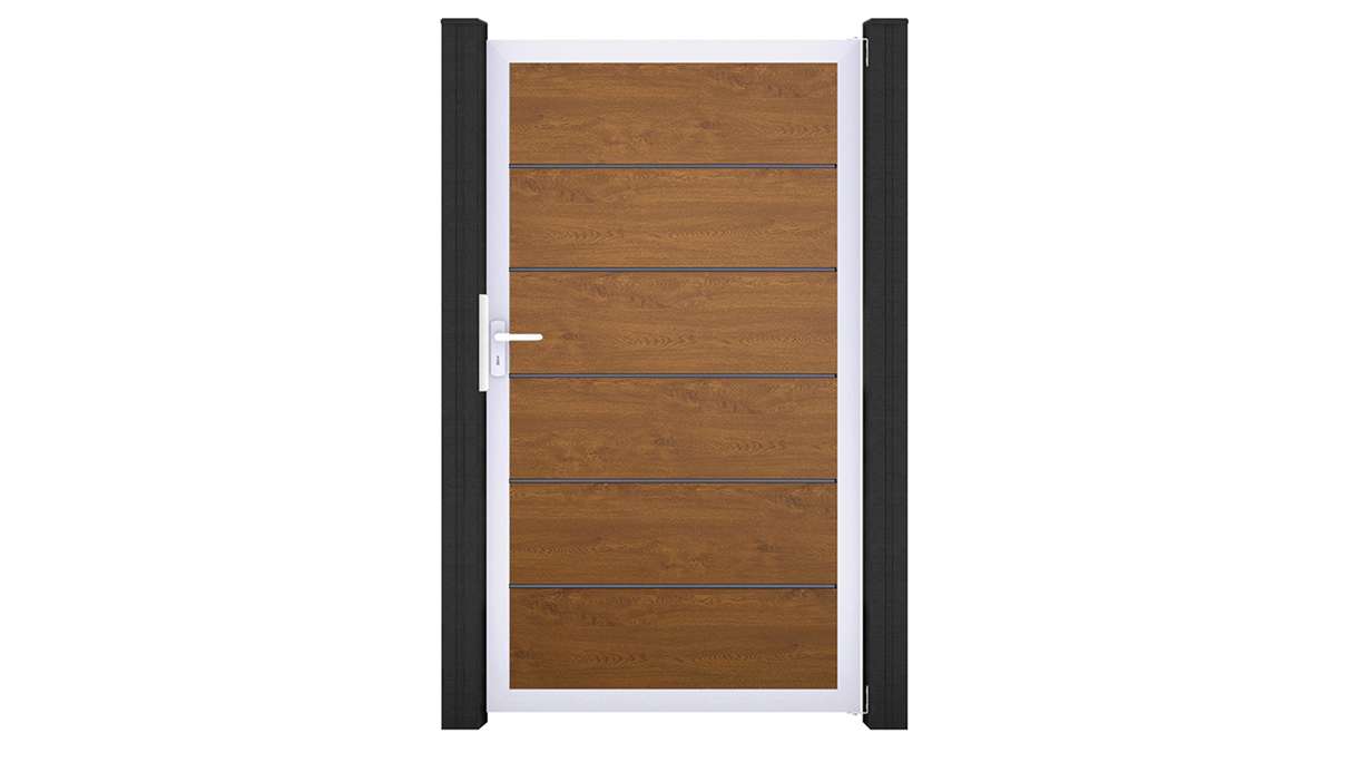 planeo Gardence Simply Premium - Portail universel en PVC « Golden Oak » avec cadre en aluminium, 100 x 180 cm