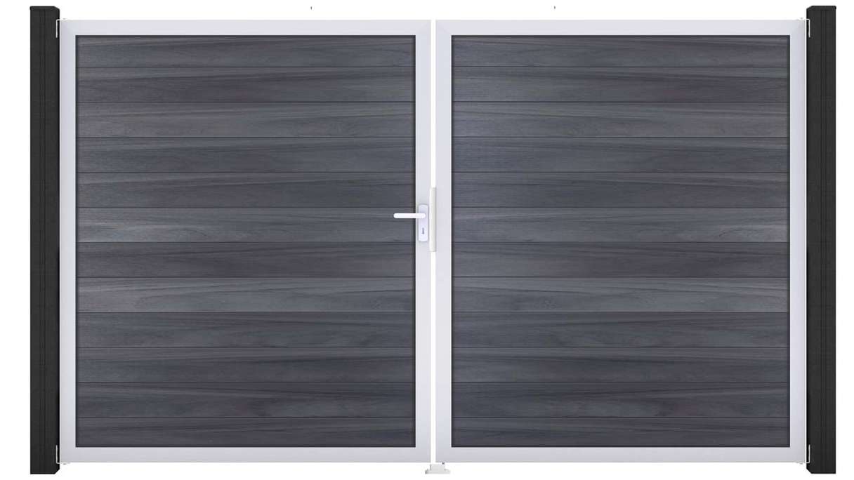 planeo Gardence Strong - Portail BPC - À deux vantaux, gris pierre, co-extrudé avec cadre en aluminium
