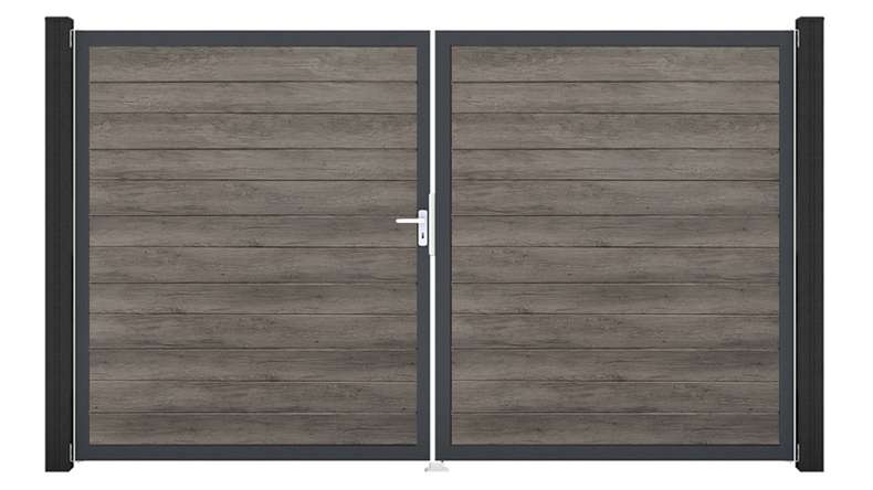 planeo Gardence Simply Small - Porte PVC - DIN gauche 2 vantaux Monument Oak avec cadre alu anthracite | DB703 300 x 180 cm