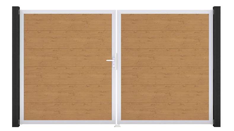 planeo Gardence Simply - Portail en PVC à deux vantaux, finition chêne naturel, avec cadre en aluminium