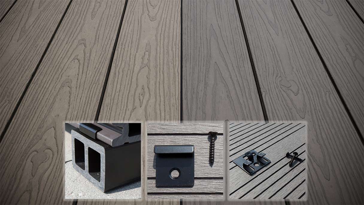 planeo CoEXWood Kit complet de terrasse en WPC Plancher massif - gris anthracite/gris brun structuré
