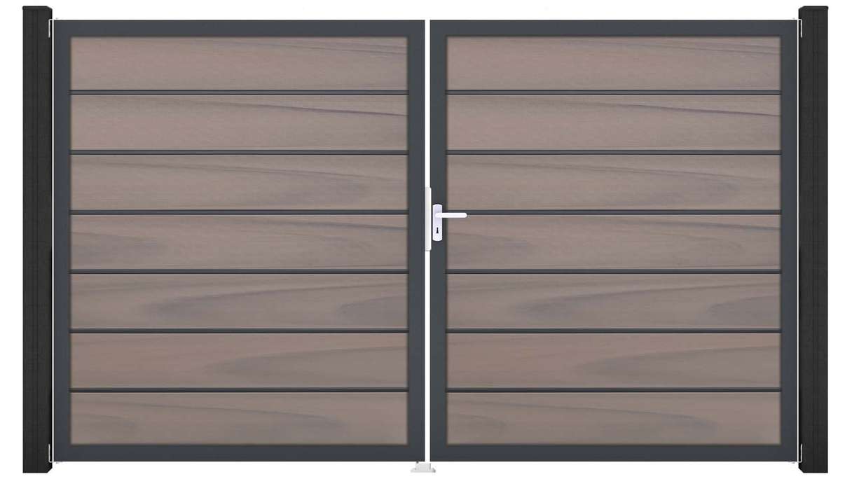 planeo Gardence Deluxe - Portail BPC - À deux vantaux, bicolore, co-extrudé, avec cadre en aluminium
