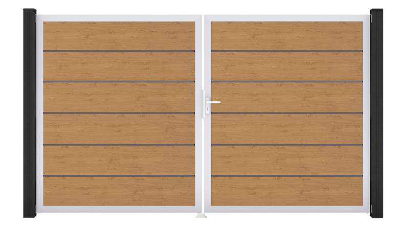 planeo Gardence Simply Premium - Porte PVC - DIN droite 2 vantaux chêne cendré naturel avec cadre aluminium argenté | EV1 300 x 180 cm