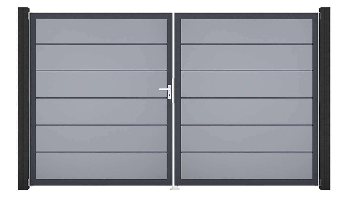planeo Gardence Simply Premium - Portail en PVC à deux vantaux, gris argenté, avec cadre en aluminium, 300 x 180 cm