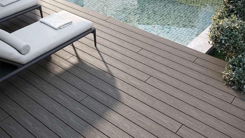 planeo CoEXWood Kit complet de terrasse en WPC Plancher massif - gris/ciment structuré