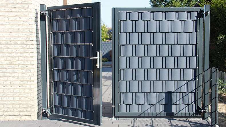 Porte universelle planeo lourde 2 vantaux asymétriques anthracite H 1600 x L 3450 poteaux de porte inclus