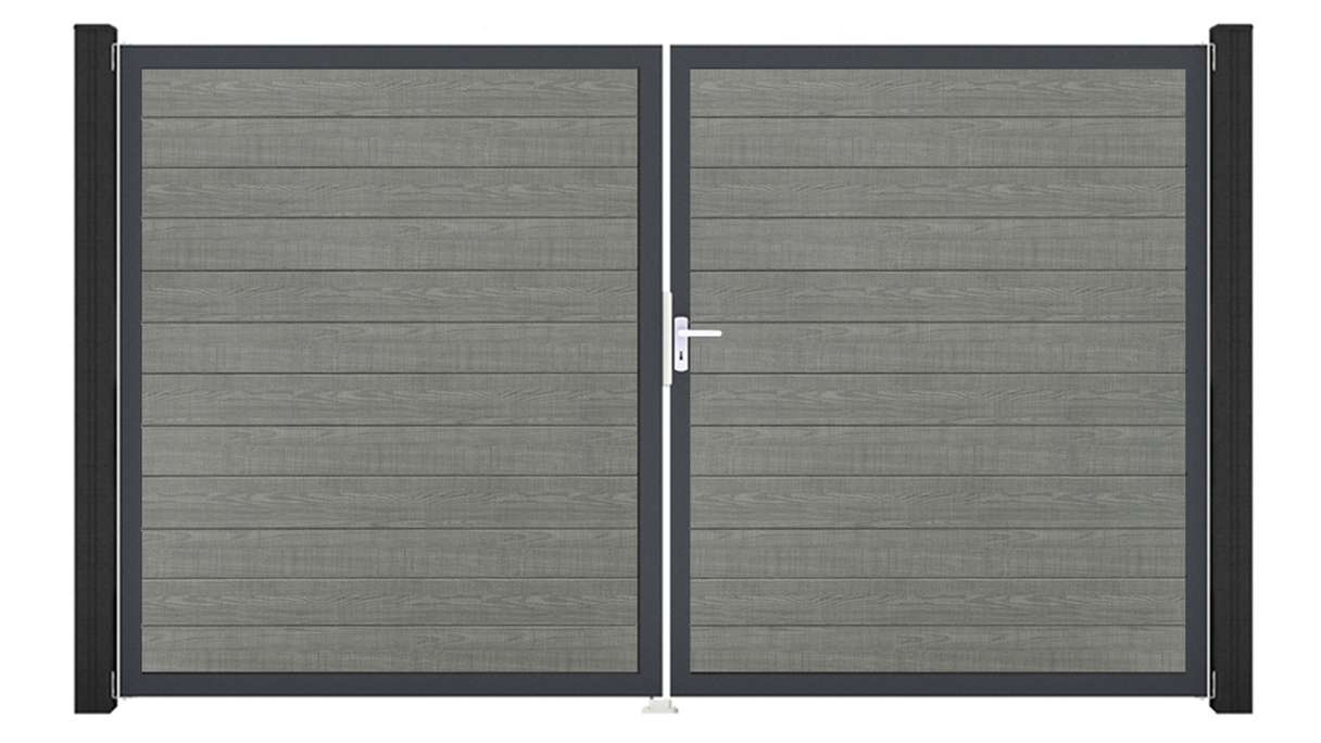 planeo Gardence Simply Small - Portail en PVC à deux vantaux « Grey Ash Cut » avec cadre en aluminium, 300 x 180 cm