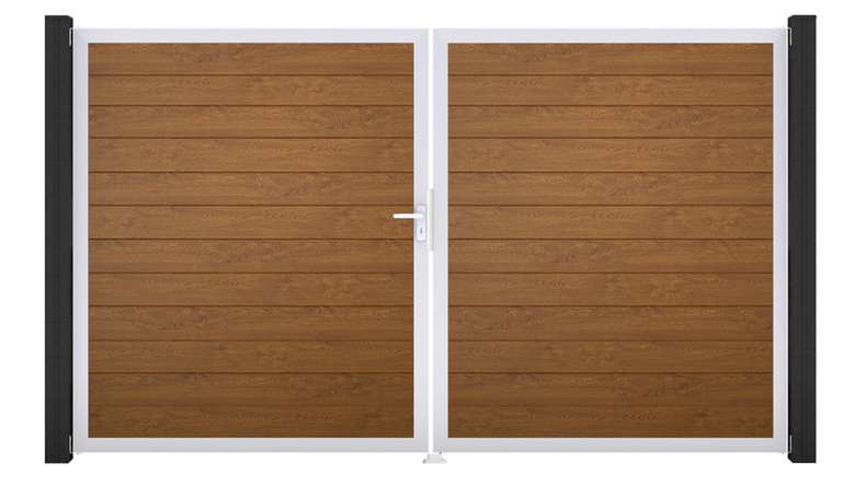 planeo Gardence Simply Small - Portail en PVC à deux vantaux, couleur Golden Oak, avec cadre en aluminium, 300 x 180 cm