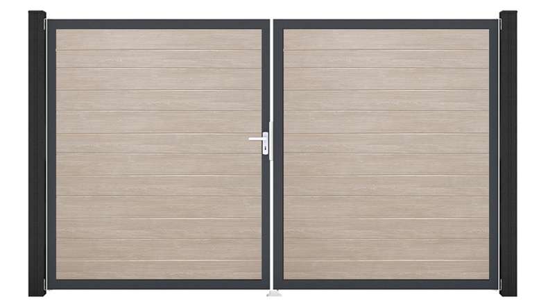 planeo Gardence Simply Small - Portail en PVC à deux vantaux, coloris Sheffield Oak, avec cadre en aluminium, 300 x 180 cm