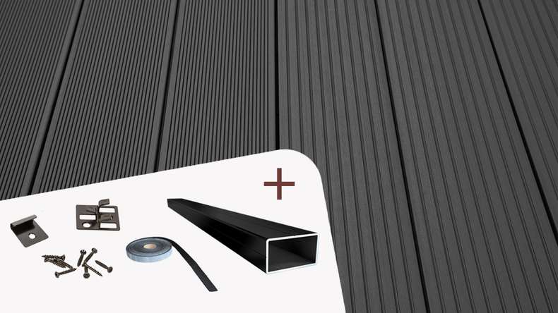 TitanWood Kit complet - 3m lame massive rainurée structure gris foncé 39,6m² compris UK alu