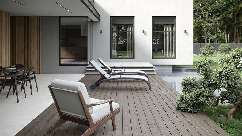 planeo CoEXWood Kit complet de terrasse en WPC Plancher massif - gris anthracite/gris brun structuré