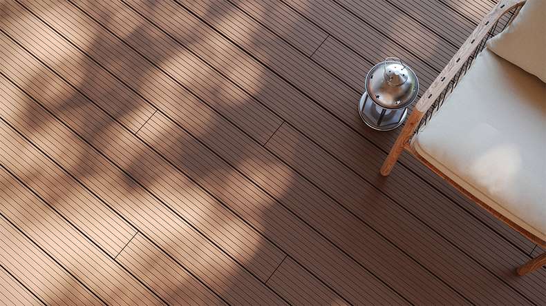 planeo LineWood Lame de terrasse WPC massif - brun clair rainuré/cannelé