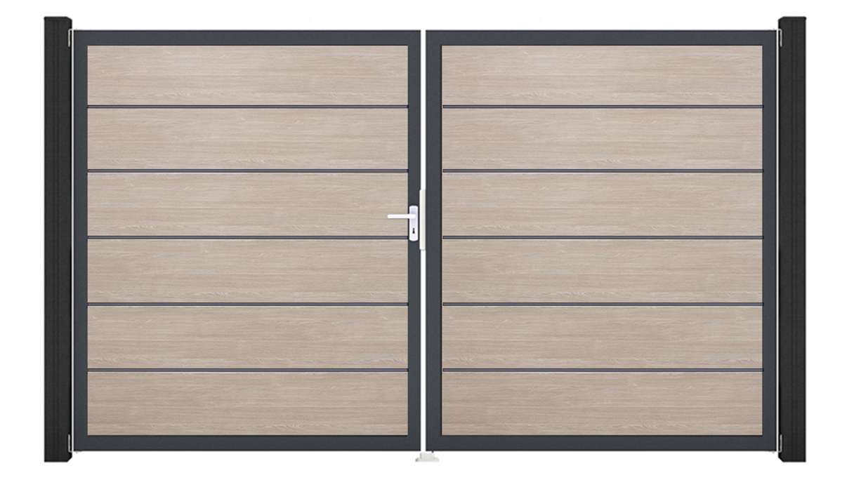 planeo Gardence Simply Premium - Portail en PVC à deux vantaux, modèle Sheffield Oak avec cadre en aluminium, 300 x 180 cm