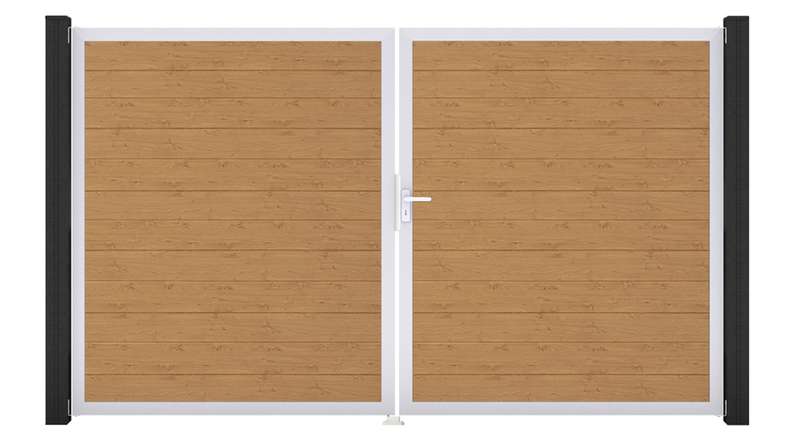planeo Gardence Simply Small - Portail en PVC à deux battants, finition chêne naturel, avec cadre en aluminium, 300 x 180 cm