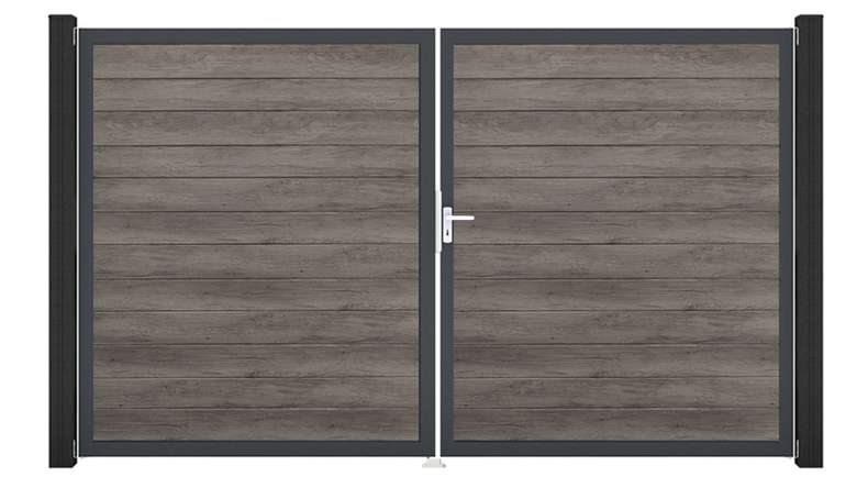 planeo Gardence Simply Small - Portail en PVC à deux vantaux, couleur Monument Oak, avec cadre en aluminium, 300 x 180 cm