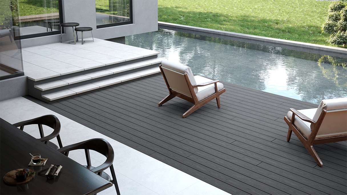planeo CoEXWood Lame de terrasse WPC massif enrobé - gris anthracite/gris brun 3m structuré