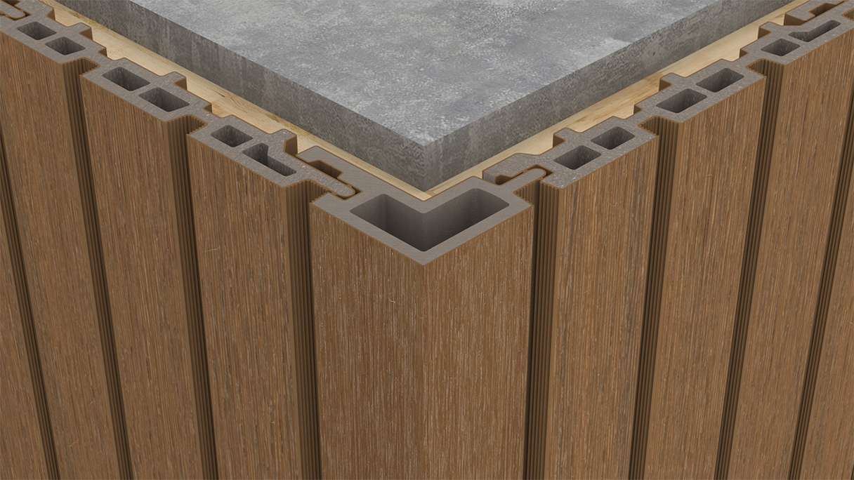 planeo LINEA - Angle extérieur en WPC CoEx « Burma Teak » 2900 x 62 x 55 mm