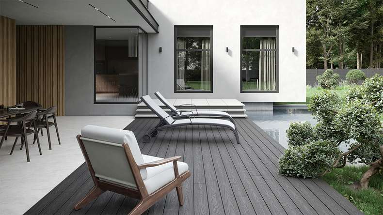 planeo CoEXWood Kit complet de terrasse en WPC Plancher massif - gris/ciment structuré