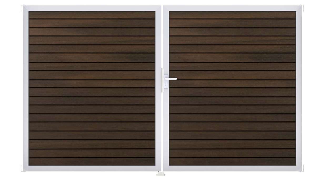 planeo Gardence Trendy - Portail BPC en losange - 2 vantaux, finition noyer co-ex avec cadre en aluminium