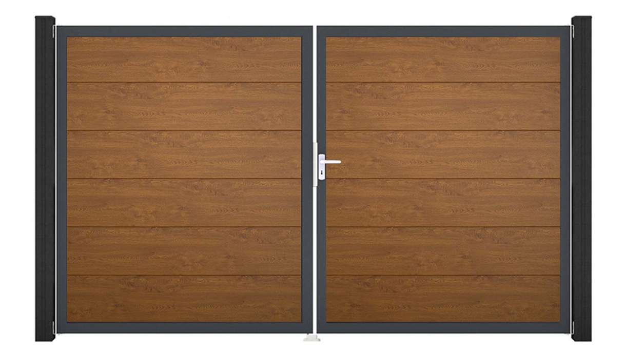 planeo Gardence Simply - Portail en PVC à deux vantaux, couleur Golden Oak, avec cadre en aluminium
