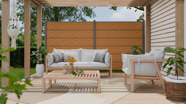 planeo Gardence Simply Premium - Clôture PVC à emboîter chêne cendré naturel avec pilastres anthracite 180 x 180 cm