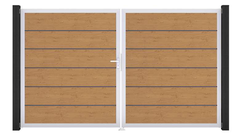 planeo Gardence Simply Premium - Porte PVC - DIN gauche 2 vantaux chêne cendré naturel avec cadre alu argenté | EV1 300 x 180 cm