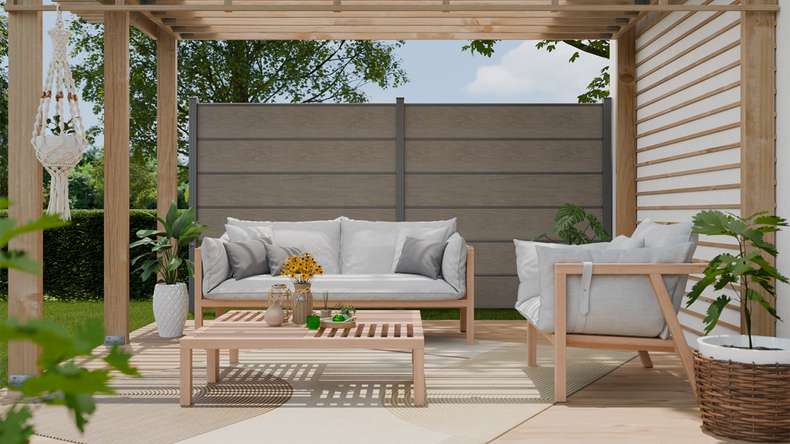 planeo Gardence Simply Premium - Clôture à emboîter en PVC Monument Oak avec pilastres en anthracite 180 x 180 cm