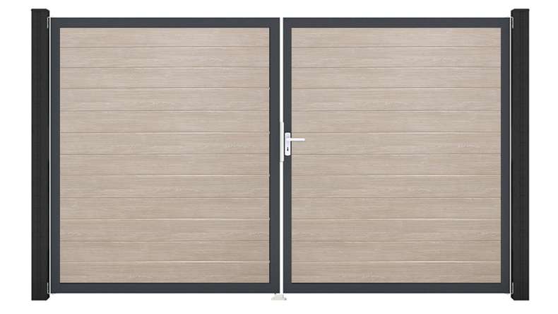 planeo Gardence Simply Small - Portail en PVC à deux vantaux, coloris Sheffield Oak, avec cadre en aluminium, 300 x 180 cm