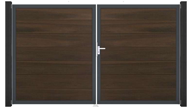 planeo Gardence Strong XL - Portail BPC - 2 vantaux, finition noyer co-ex avec cadre en aluminium