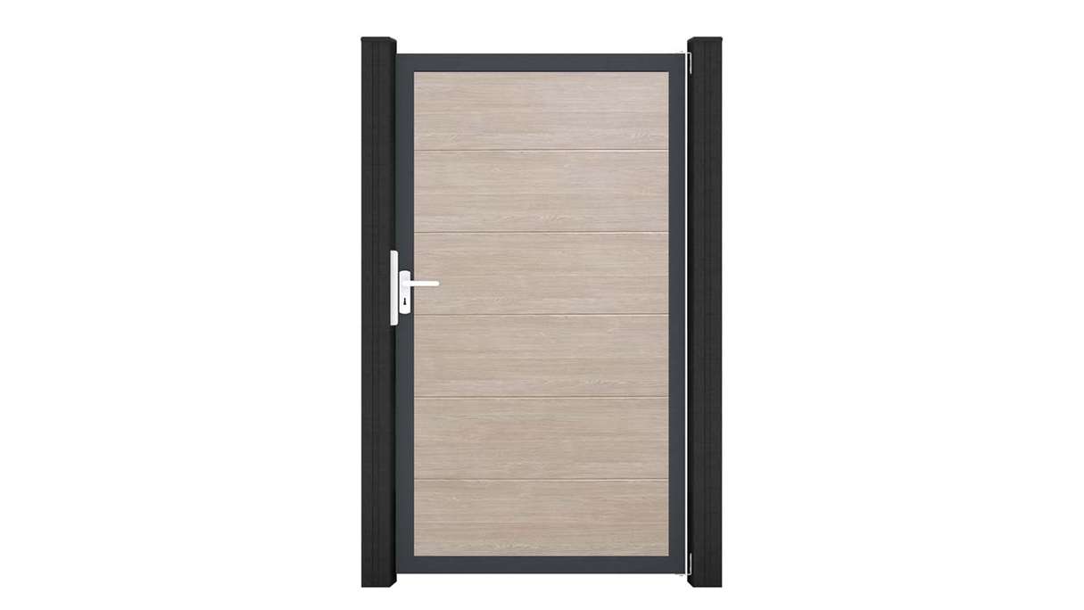 planeo Gardence Simply - Portail universel en PVC « Sheffield Oak » avec cadre en aluminium, 100 x 180 cm
