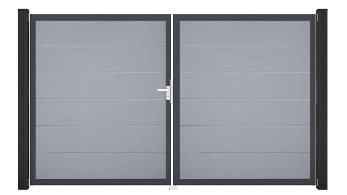 planeo Gardence Simply - Portail en PVC à deux vantaux, gris argenté, avec cadre en aluminium