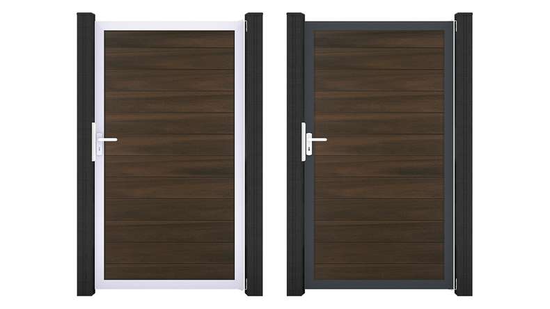 planeo Gardence Strong - Portillon universel BPC en co-extrudé noyer avec cadre en aluminium 100 x 180 cm
