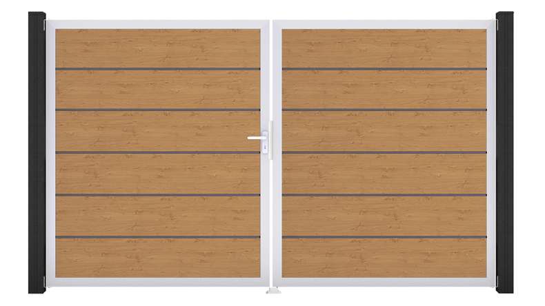 planeo Gardence Simply Premium - Portail en PVC à deux vantaux, finition chêne naturel, avec cadre en aluminium, 300 x 180 cm