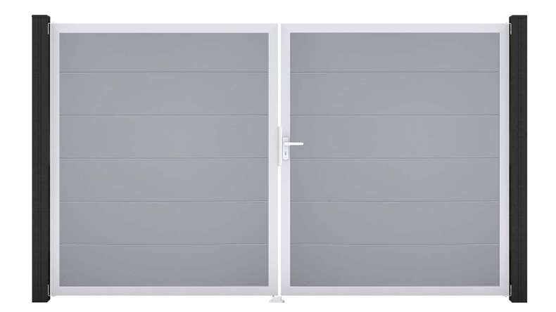 planeo Gardence Simply - Portail en PVC à deux vantaux, gris argenté, avec cadre en aluminium
