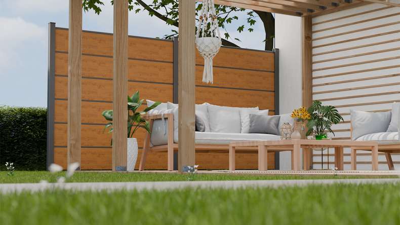 planeo Gardence Simply Premium - Clôture PVC à emboîter chêne cendré naturel avec pilastres anthracite 180 x 180 cm