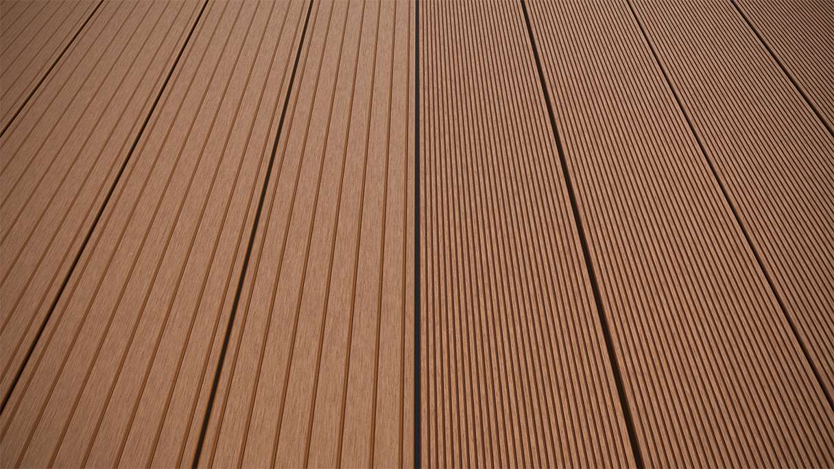 planeo LineWood Lame de terrasse WPC massif - marron clair 3m rainuré/cannelé