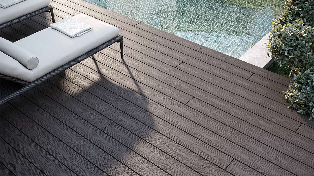 planeo CoEXWood Kit complet de terrasse en WPC Plancher massif - brun clair/brun foncé structuré