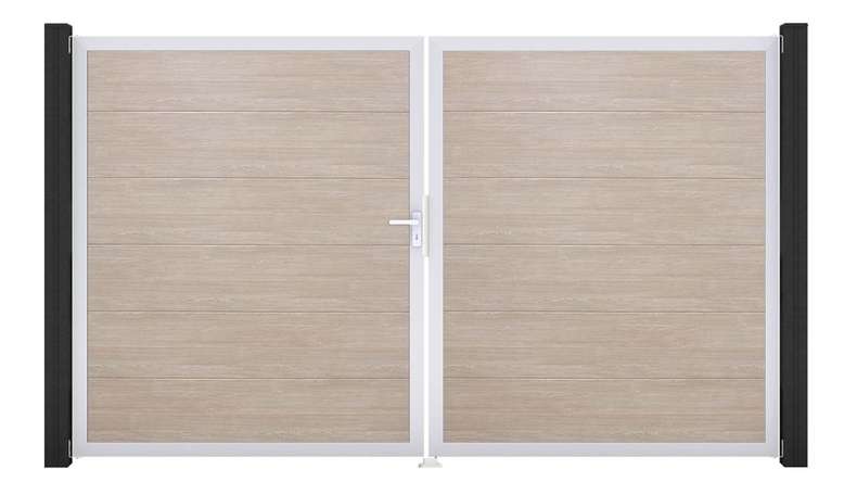 planeo Gardence Simply - Portail en PVC à deux vantaux, modèle Sheffield Oak, avec cadre en aluminium