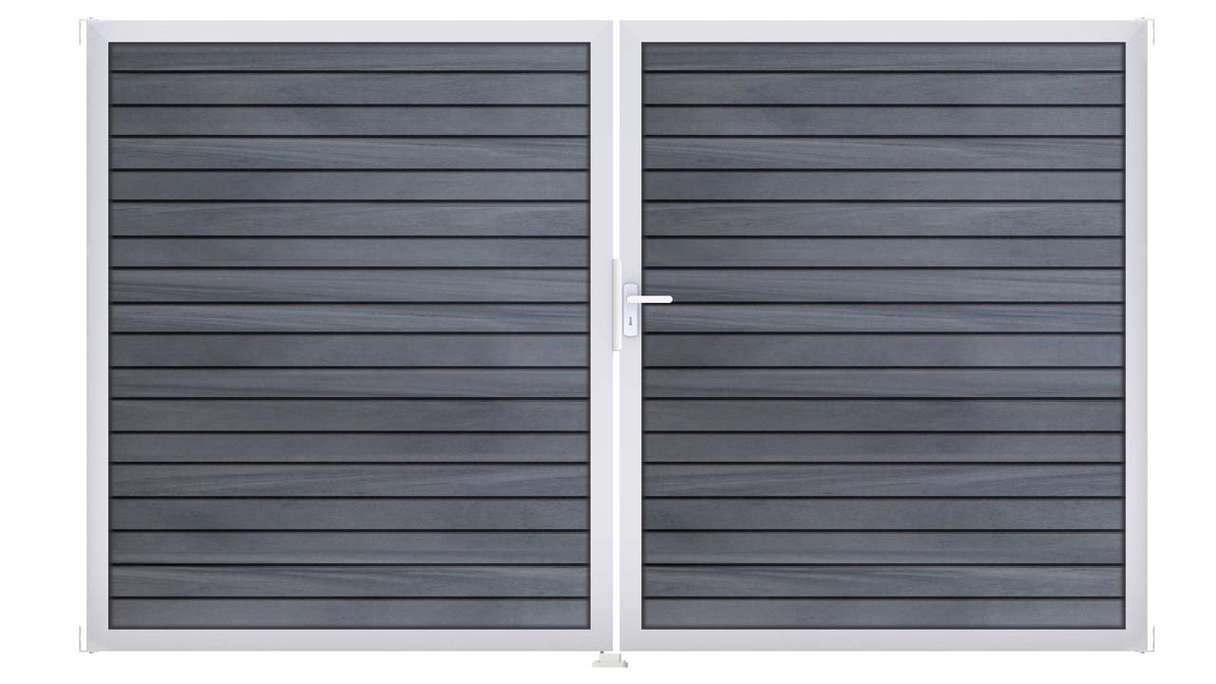 planeo Gardence Trendy - Portail BPC en losange - 2 vantaux, gris pierre, co-extrudé avec cadre en aluminium