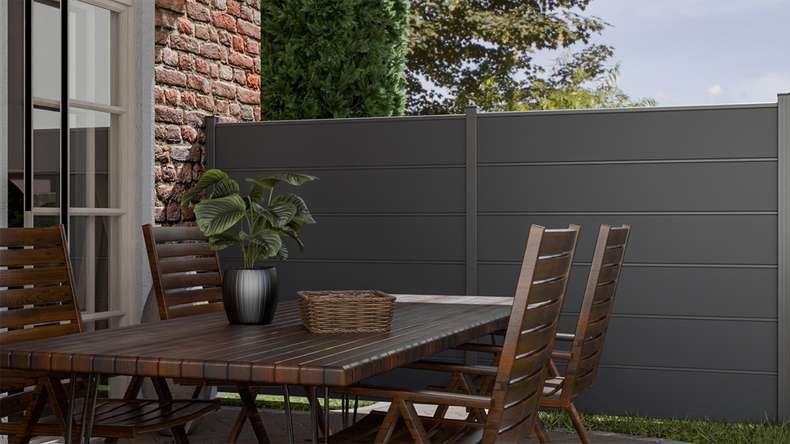 planeo Gardence Simply Premium - Clôture à emboîter en PVC gris anthracite avec pilastres en anthracite 180 x 180 cm