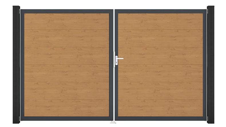 planeo Gardence Simply - Portail en PVC à deux vantaux, finition chêne naturel, avec cadre en aluminium